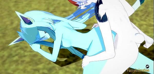  Pokemon Hentai Furry Yiff 3D - Glaceon handjob and fucked by Cinderace with creampie